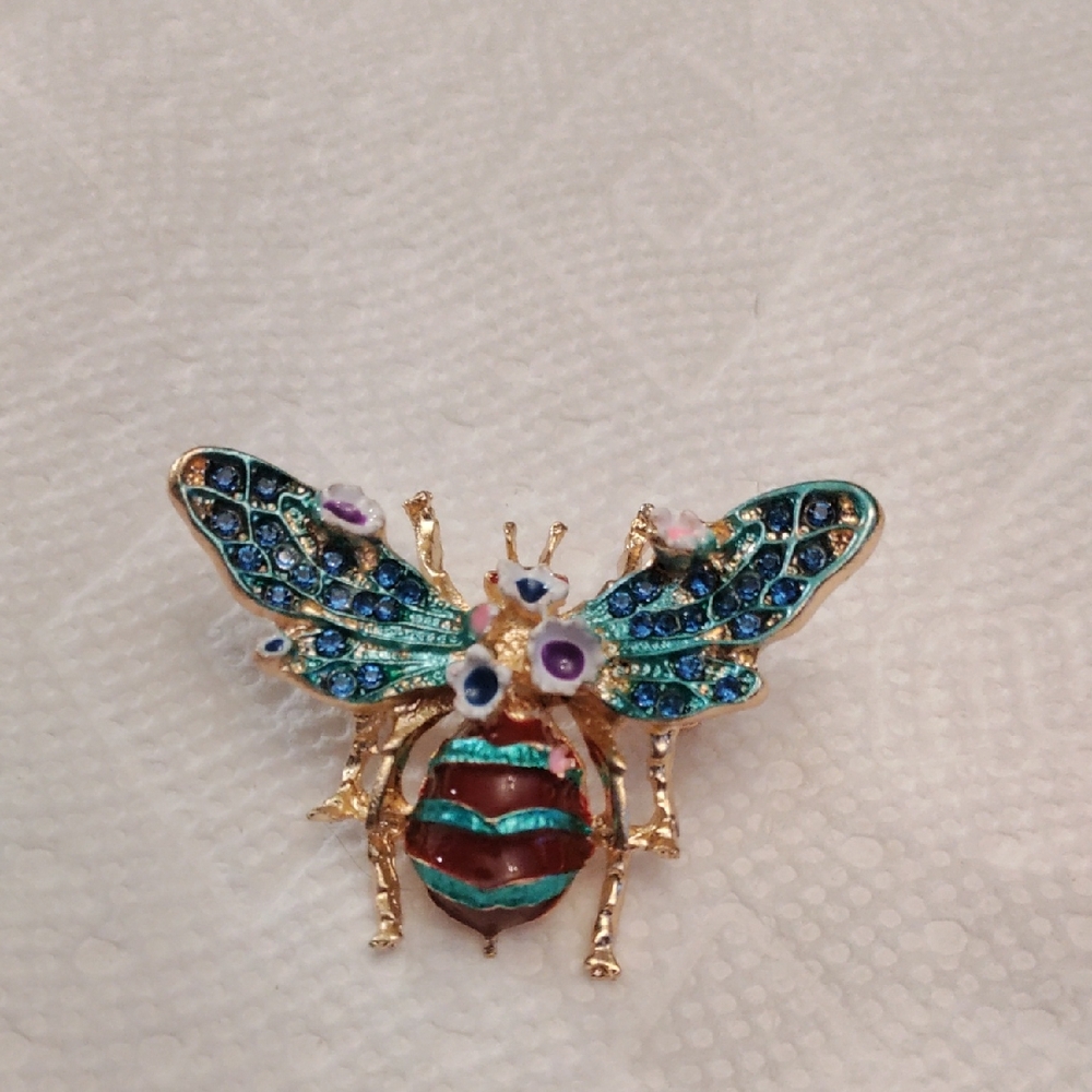 Colorful Bee Brooch with Blue and Gold Accents
